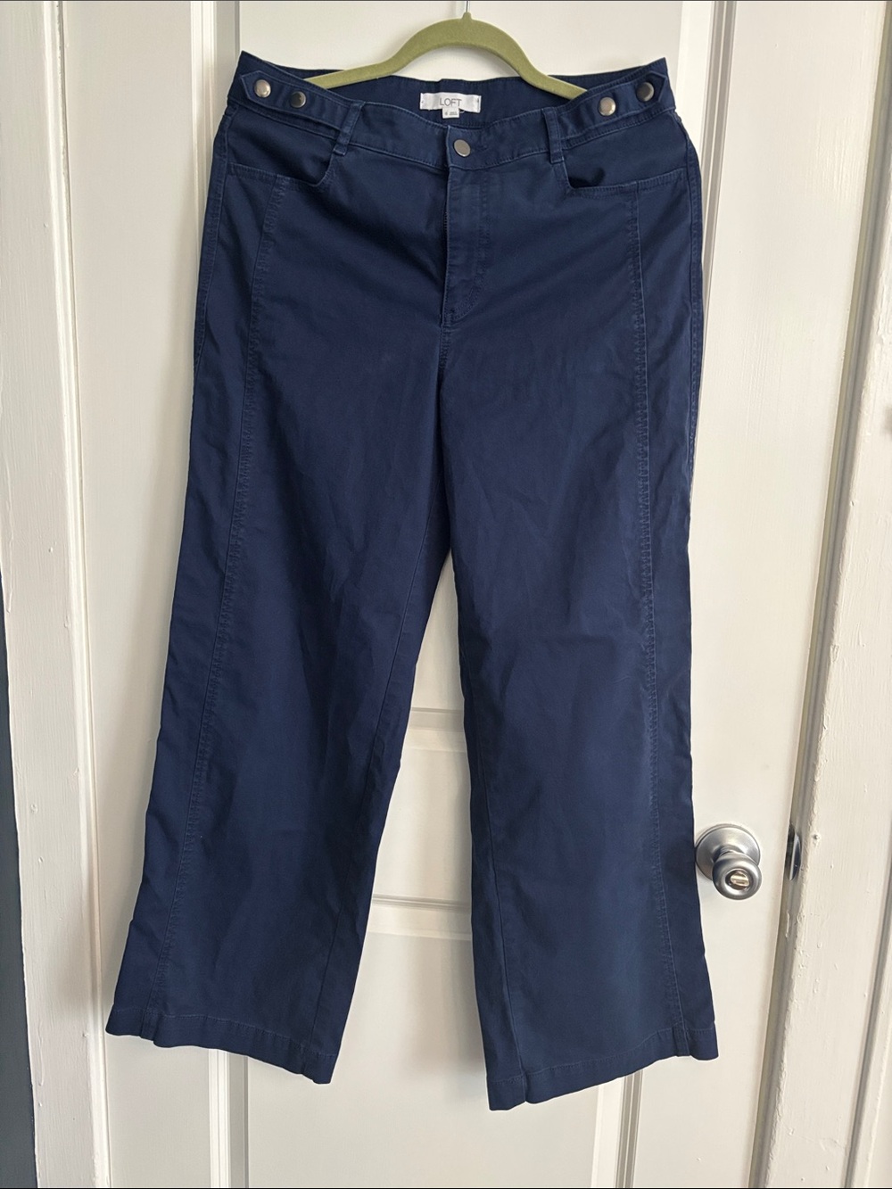 LOFT Navy Wide-Leg Cotton Trousers with Button Waist